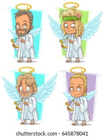 Cartoon cool angels with golden nimbus and harp character vector set
