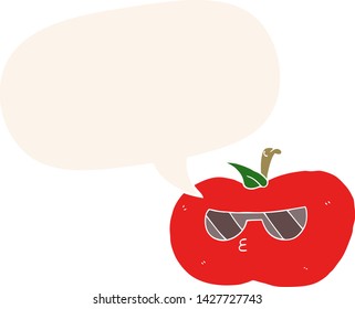 cartoon cool apple with speech bubble in retro style