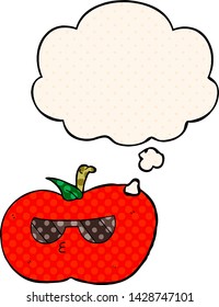 cartoon cool apple with thought bubble in comic book style