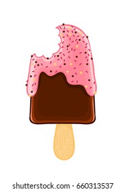 Cartoon cool bitten chocolate popsicle with icing and grit. Sweet ice cream isolated on the white background. T-shirt print and sticker.