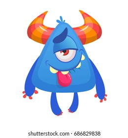 Cartoon cool blue monster. Vector illustration of horned pretty monster with pleased and satisfied expression. Halloween illustration