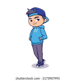 Caricatura niño fresco con chaqueta azul y puesto de sombrero posan en estilo casual personaje ilustración plana