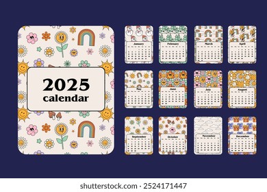 Cartoon cooler Kalender im Stil der 70er Jahre für jeden Monat. Nette Retro-Figuren Blumen, Sonne, Sterne. Hippie-Stil2025 Kalender mit Retro Aufkleber Design Kalender-Planer minimalen Stil jährlichen Organisator