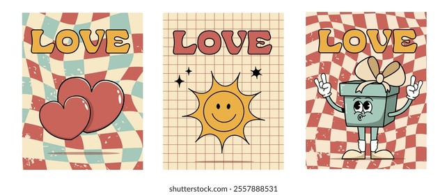 Cartoon cool cards Love in vintage hippie style 60-70s. Posters for Valentine's Day. Funny gift, two hearts, sun, trendy psychedelic elements.