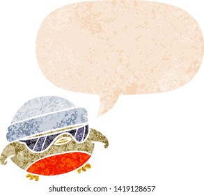 cartoon cool christmas robin with speech bubble in grunge distressed retro textured style