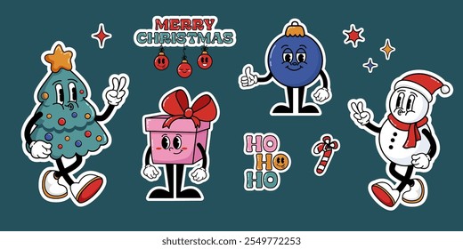 Pegatinas de Navidades frescas de dibujos animados de los años 70. Lindos personajes retro árbol de Navidad, muñeco de nieve, regalo, bola de Navidad, estrellas. Estilo hippie, lindo conjunto de pegatinas. Aislado sobre fondo oscuro