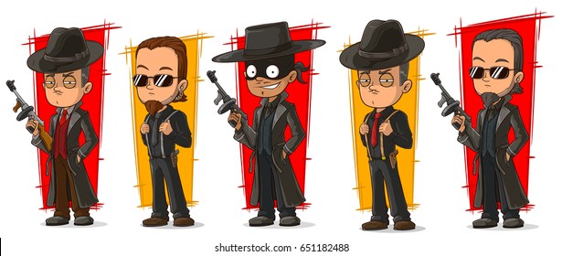 Cartoon Cool Criminal Bandit Mafiosi With Guns Character Vector Set