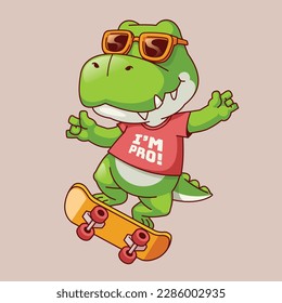 Cartoon cool crocodile playing skateboard vector illustration