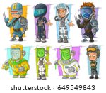 Cartoon cool cyborg soldier and scientist with protective mask character vector set
