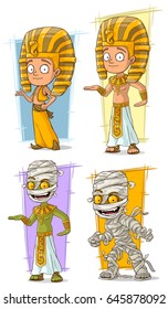 Cartoon cool egyptian young pharaoh and crazy mummy character vector set