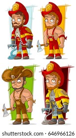 Cartoon cool fireman in red uniform helmet with axe and water pump character vector set