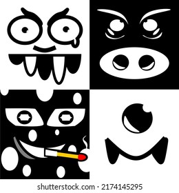 cartoon cool and funny monster face set in black and white. avatars and icons. for vector illustration