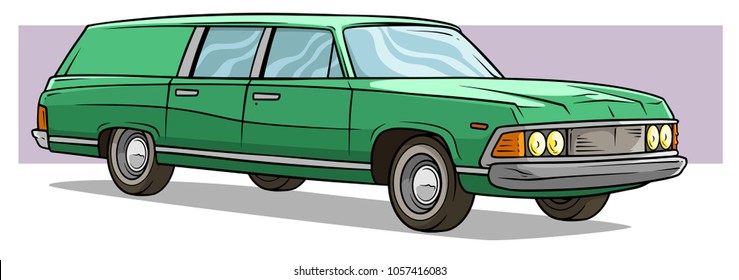Cartoon cool green long retro car on violet background. Vector icon.