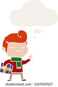 cartoon cool guy with fashion hair cut with thought bubble in retro style