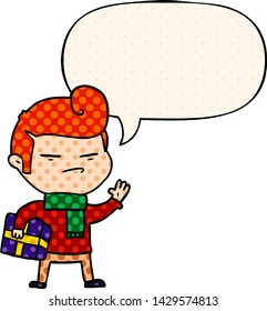 cartoon cool guy with fashion hair cut with speech bubble in comic book style