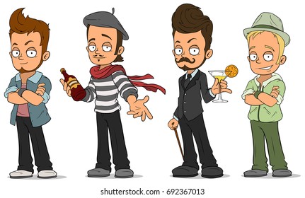 Cartoon cool handsome guys with alcohol characters vector set