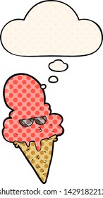cartoon cool ice cream with thought bubble in comic book style
