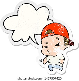 cartoon cool kid with speech bubble distressed distressed old sticker