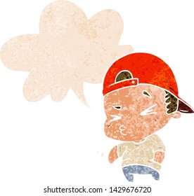 cartoon cool kid with speech bubble in grunge distressed retro textured style