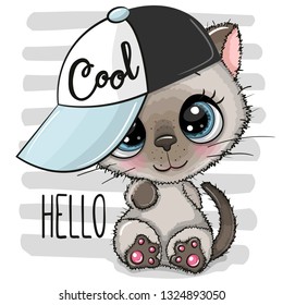 Cartoon Cool Kitten with a blue cap on striped background