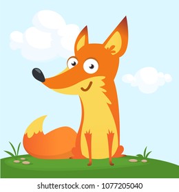Cartoon cool little fox sitting on a meadow in summer season background with flower and mushrooms. Vector illustration isolated

