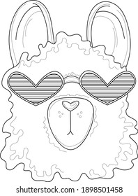 Cartoon cool looking lama in heart shaped glasses sketch template. Comic alpaca vector illustration in black and white for games, background, pattern, decor. Coloring paper, page, story book, print