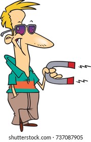 cartoon cool man standing confidently holding a strong magnet (chick magnet)