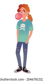 Cartoon cool modern teenage girl wearing fashion glasses inflate bubble gum