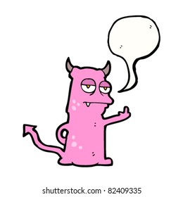 cartoon cool pink devil with speech bubble giving rude gesture