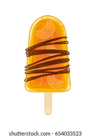 Cartoon cool popsicle. Sweet ice cream with slices of citrus and chocolate isolated on the white background.