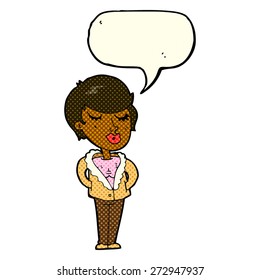 cartoon cool relaxed woman with speech bubble