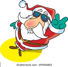 cartoon cool santa wearing sunglasses and giving the peace sign