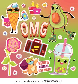 Cartoon cool set collection of trendy, modern, bright stickers with cute avocado, ice cream characters in sunglasses. Neon, vector background with applications of suitcase, candles, roses, cocktail.