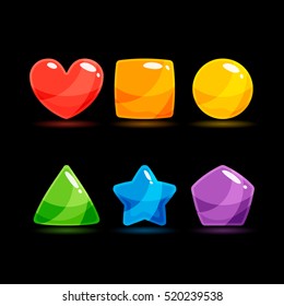 Cartoon cool shiny glossy colorful different shapes vector illustration. Vector assets for gui design isolated on black background.