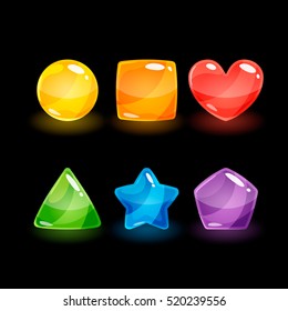 Cartoon cool shiny glossy colorful different shapes vector illustration. Vector glowing asset for gui design isolated on black background.