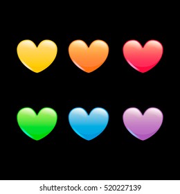 Cartoon cool shiny glossy different colors hearts. Vector illustration for ui design isolated on black background.