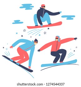 Cartoon cool snowboarders set. Winter sport illustration for your design.