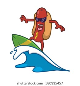 Cartoon Cool Surfing Hotdog Character Vector llustration