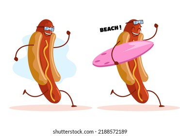 Cartoon Cool Surfing Hotdog on the beach Character
