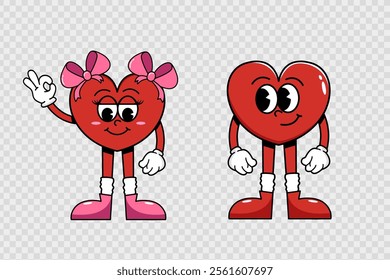 Cartoon cool two characters-hearts, boy heart looking at girl heart, and girl shy and showing ok sign with hand