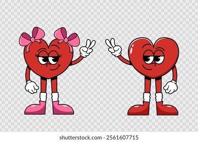 Cartoon cool two characters-hearts, boy heart looking at girl heart, and girl shy and showing ok sign with hand