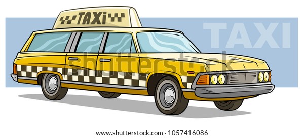 Cartoon cool yellow retro\
long taxi car with black and white squares on blue background.\
Vector icon.