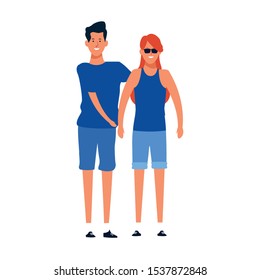 cartoon cool young couple wearing shorts over white background, vector illustration