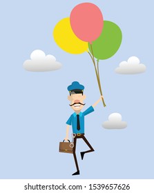 Cartoon Cop Policeman - Flying with Balloons