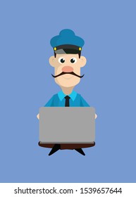Cartoon Cop Policeman - Sitting and Working on Laptop