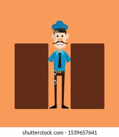 Cartoon Cop Policeman - Standing with Two Boards