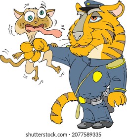 Cartoon Cop Policeman Tiger Strangling a Cat Character Mascot Isolated Vector