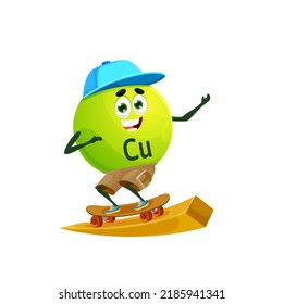 Cartoon copper or cuprum character riding a skateboard. Isolated vector Cu micronutrient skateboarder personage exercising on longboard. Vitamin or food supplement bubble outdoor activity, sports fun