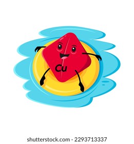 Caricatura de cobre o micronutriente cuprum en el anillo flotador. Vector Cu elemento nutritivo El personal de la cápsula se relaja en la playa o piscina del océano tropical, bronceándose y relajándose durante las vacaciones de verano