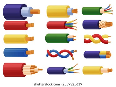 Cartoon copper wires. Electrical cables in colorful rubber plastic flexible winding. Electric wire for repairing, electricity equipment nowaday vector set